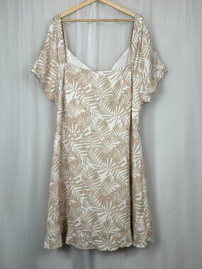 LOFT Plus Size 20 Linen Blend Palm Print Tie Back Dress Neutral Tropical Coastal